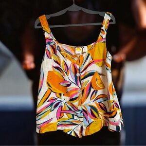 C&C California Tank Top M Linen Tropical Sleeveless Button Front‎ Casual Junior